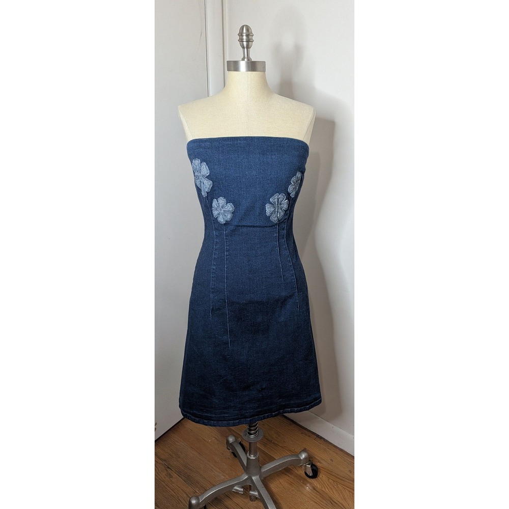 VTG Y2K Tommy Jeans Strapless Denim Dress Floral Applique Dark Wash Size Medium